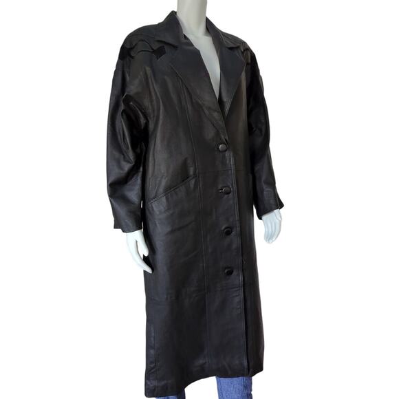 VTG Marco Morani Black Leather Trench Button Up Coat Suede Embellishments Size M - Picture 1 of 9